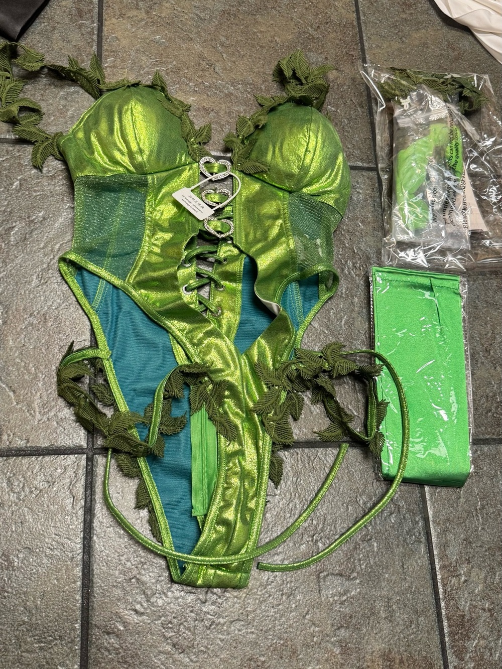 Green Poison Ivy-Inspired Lace Up Bodysuit with Gloves & Stockings XS/S